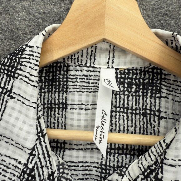 NY Collection Shirt Women M Medium White Plaid Button Up Collared Pockets Casual - Picture 3 of 7